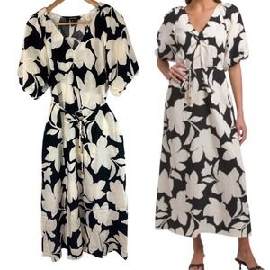 New Ellen Tracy Black Floral Print Puff Sleeve Maxi‎ Elegant Dress Women's XS